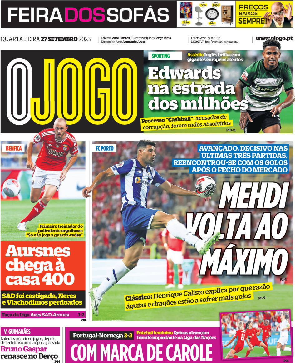 O Jogo: Capa da Edi&ccedil;&atilde;o de quarta-feira, 27 de setembro 2023