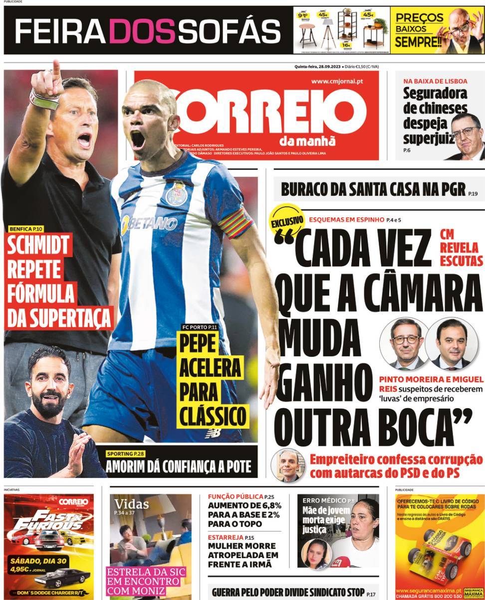 Correio da Manh&atilde;: Capa da Edi&ccedil;&atilde;o de quinta-feira, 28 de setembro 2023