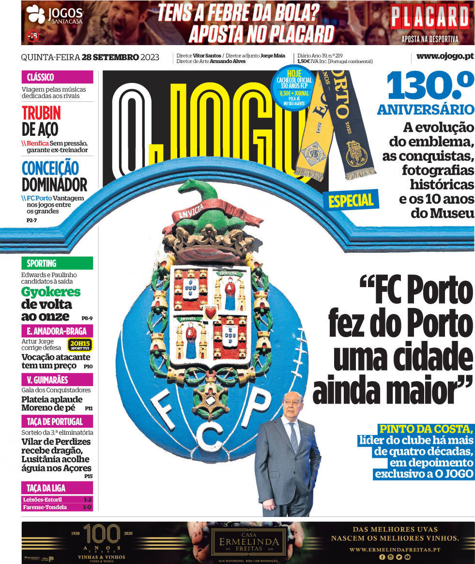 O Jogo: Capa da Edi&ccedil;&atilde;o de quinta-feira, 28 de setembro 2023