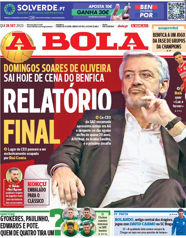 A Bola: Capa da Edi&ccedil;&atilde;o de quinta-feira, 28 de setembro 2023