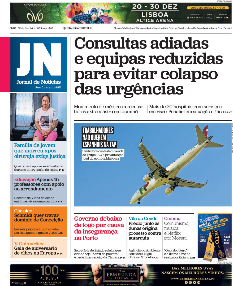 Jornal de Not&iacute;cias: Capa da Edi&ccedil;&atilde;o de quinta-feira, 28 de setembro 2023
