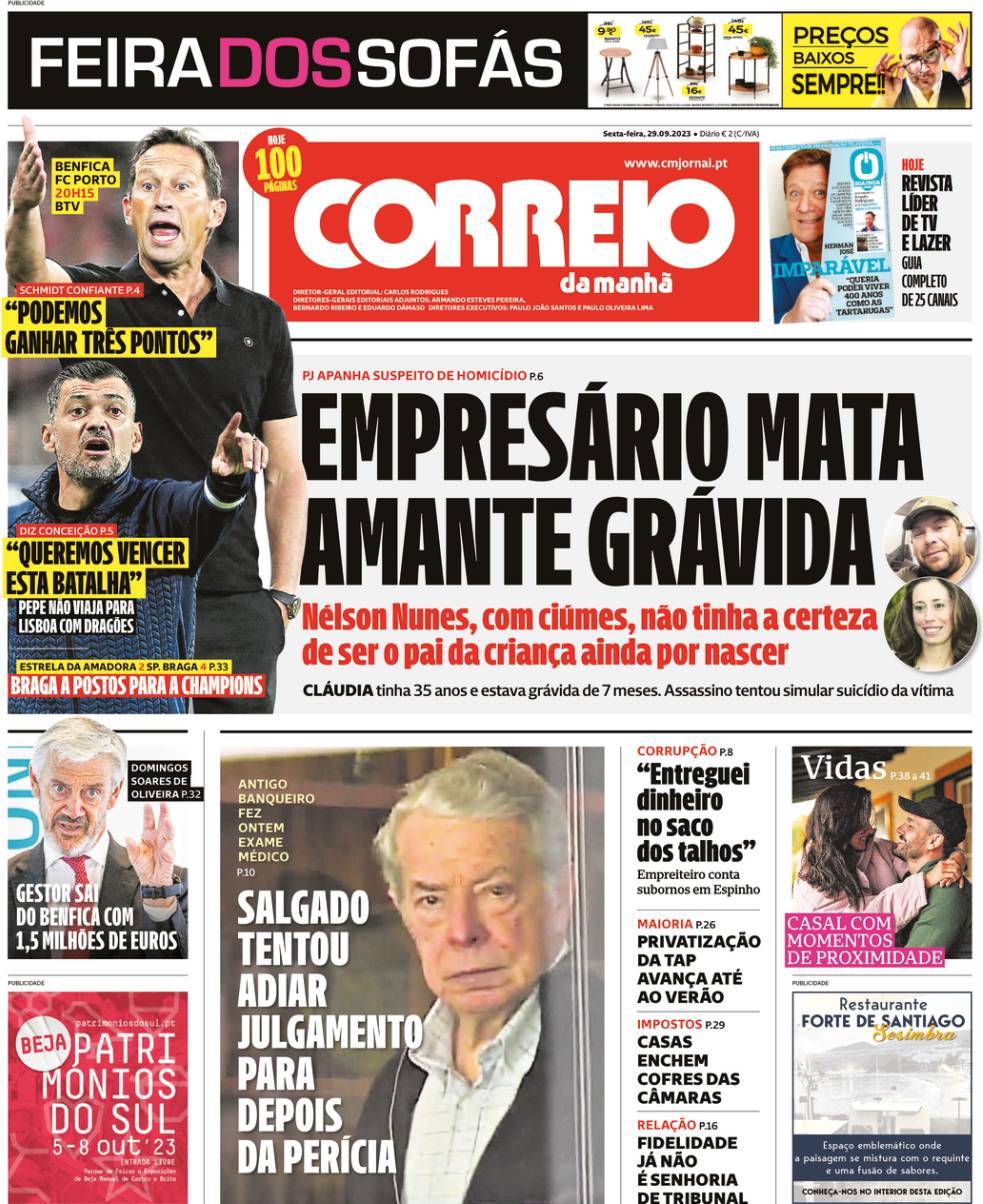 Correio da Manh&atilde;: Capa da Edi&ccedil;&atilde;o de sexta-feira, 29 de setembro 2023