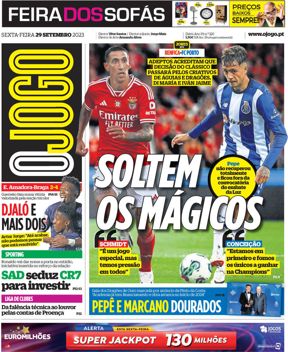 O Jogo: Capa da Edi&ccedil;&atilde;o de sexta-feira, 29 de setembro 2023