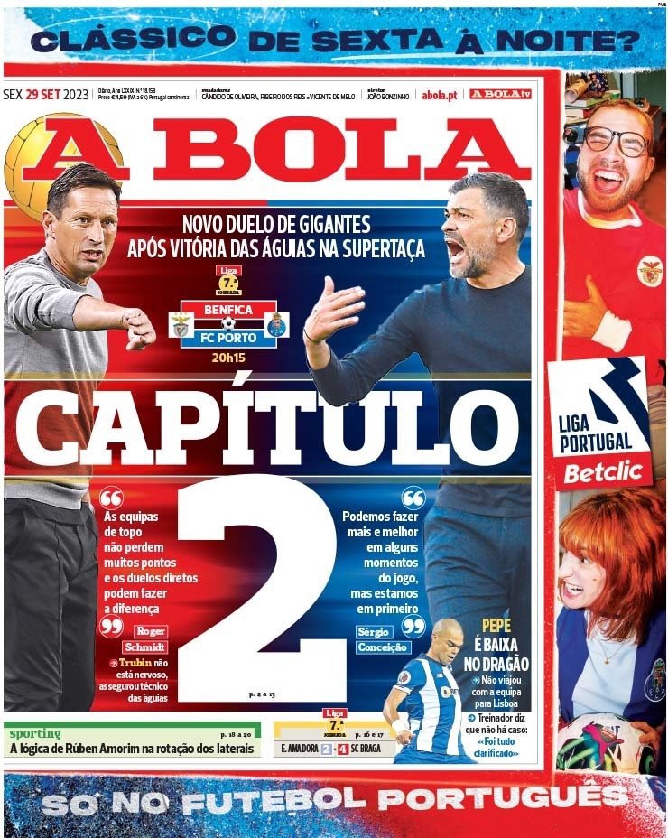 A Bola: Capa da Edi&ccedil;&atilde;o de sexta-feira, 29 de setembro 2023