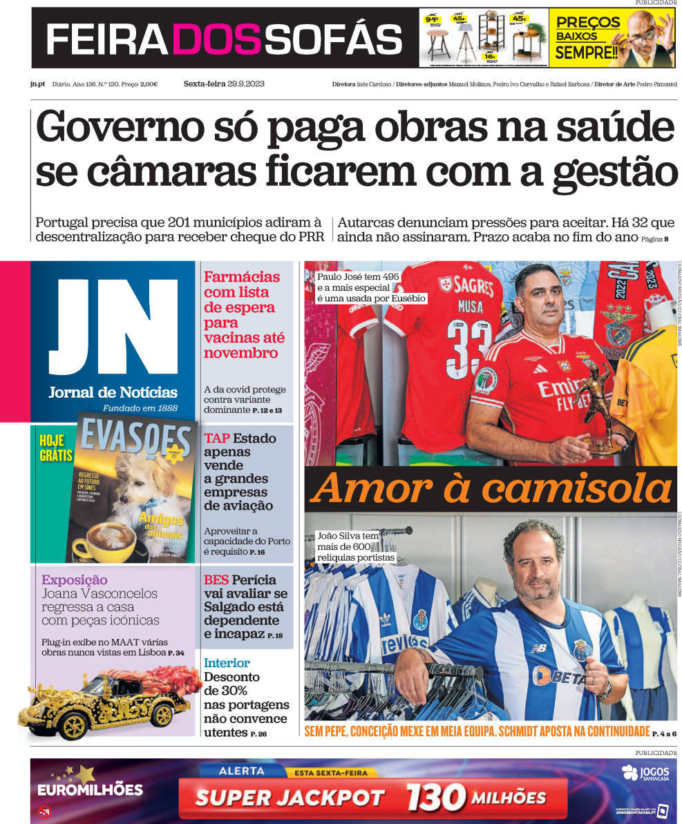 Jornal de Not&iacute;cias: Capa da Edi&ccedil;&atilde;o de sexta-feira, 29 de setembro 2023