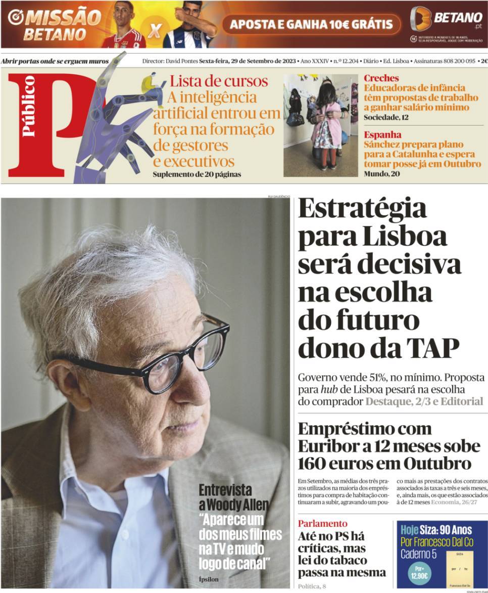 P&uacute;blico: Capa da Edi&ccedil;&atilde;o de sexta-feira, 29 de setembro 2023