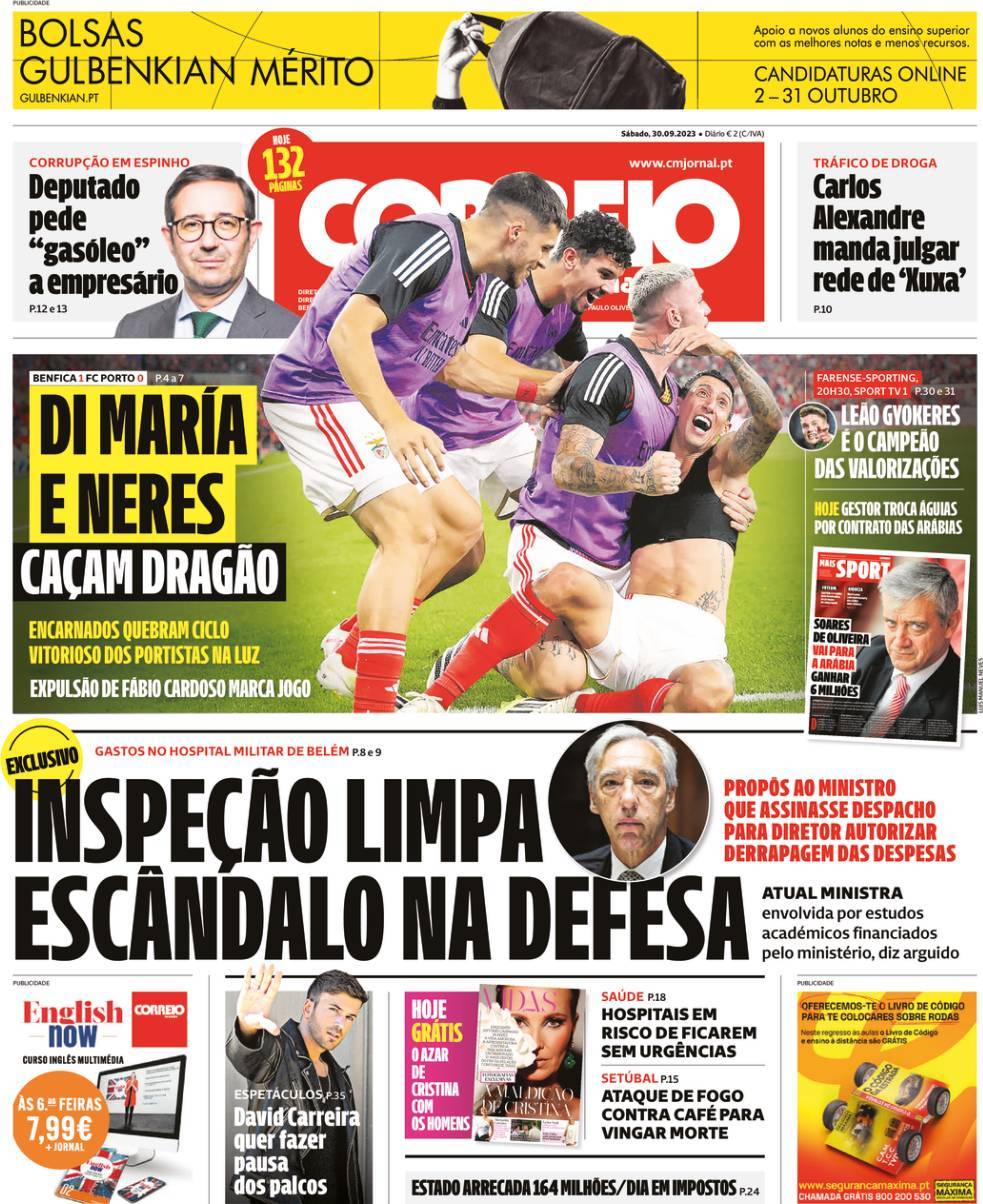 Correio da Manh&atilde;: Capa da Edi&ccedil;&atilde;o de s&aacute;bado, 30 de setembro 2023