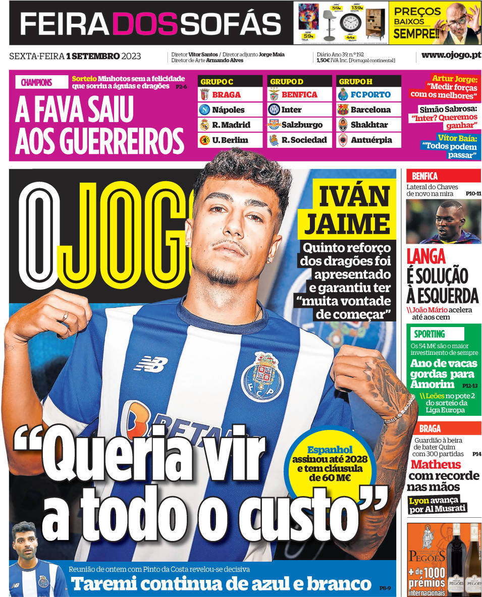 O Jogo: Capa da Edi&ccedil;&atilde;o de sexta-feira, 01 de setembro 2023