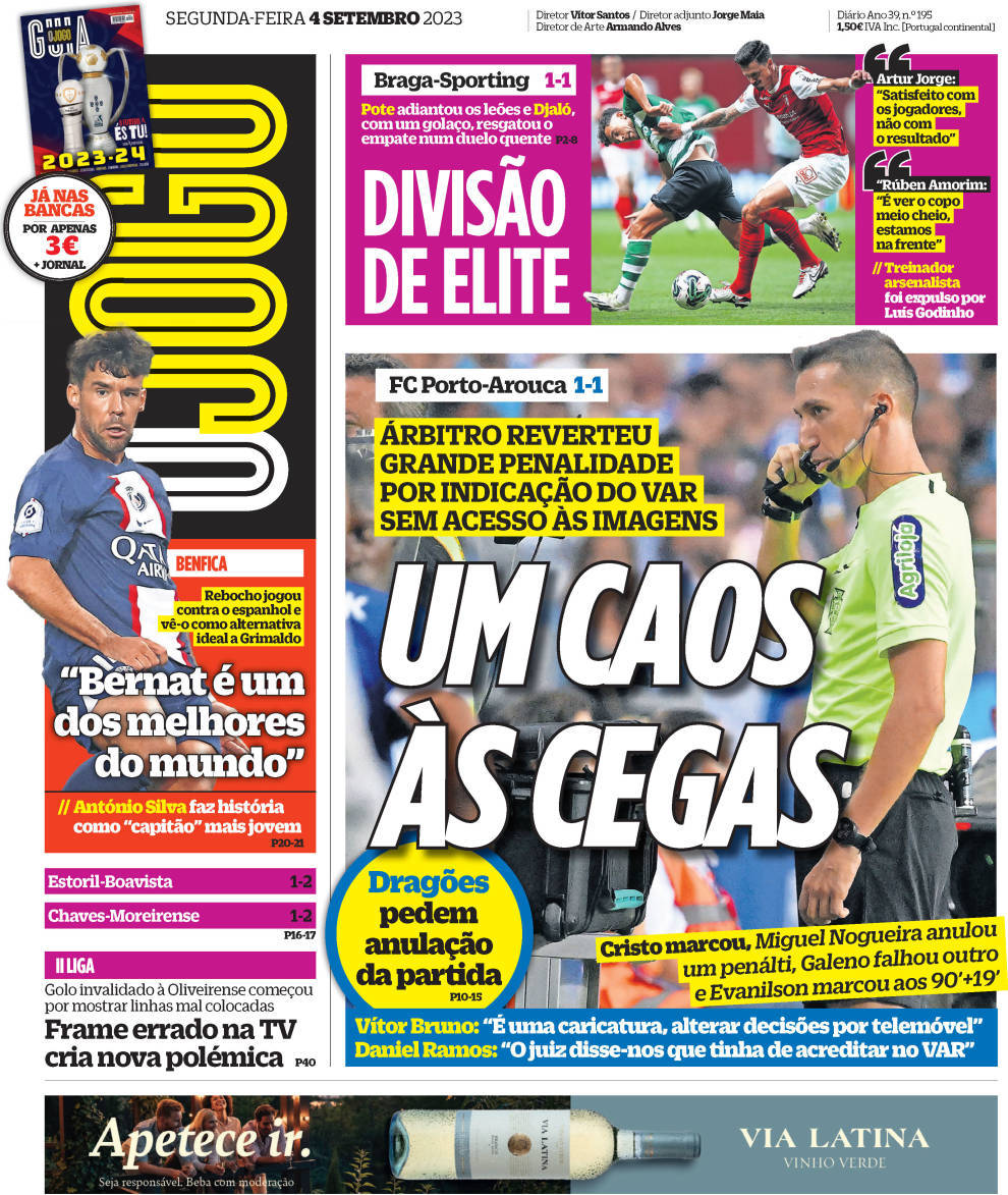 O Jogo: Capa da Edi&ccedil;&atilde;o de segunda-feira, 04 de setembro 2023