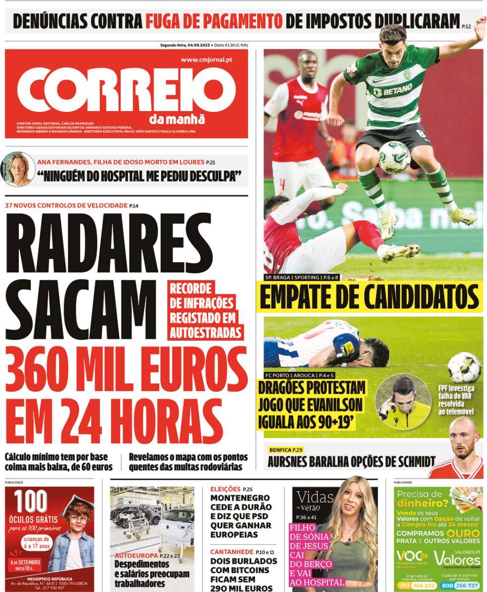 Correio da Manh&atilde;: Capa da Edi&ccedil;&atilde;o de segunda-feira, 04 de setembro 2023