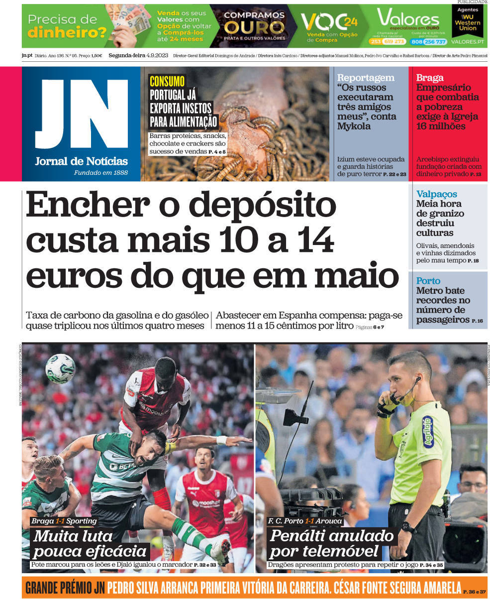Jornal de Not&iacute;cias: Capa da Edi&ccedil;&atilde;o de segunda-feira, 04 de setembro 2023