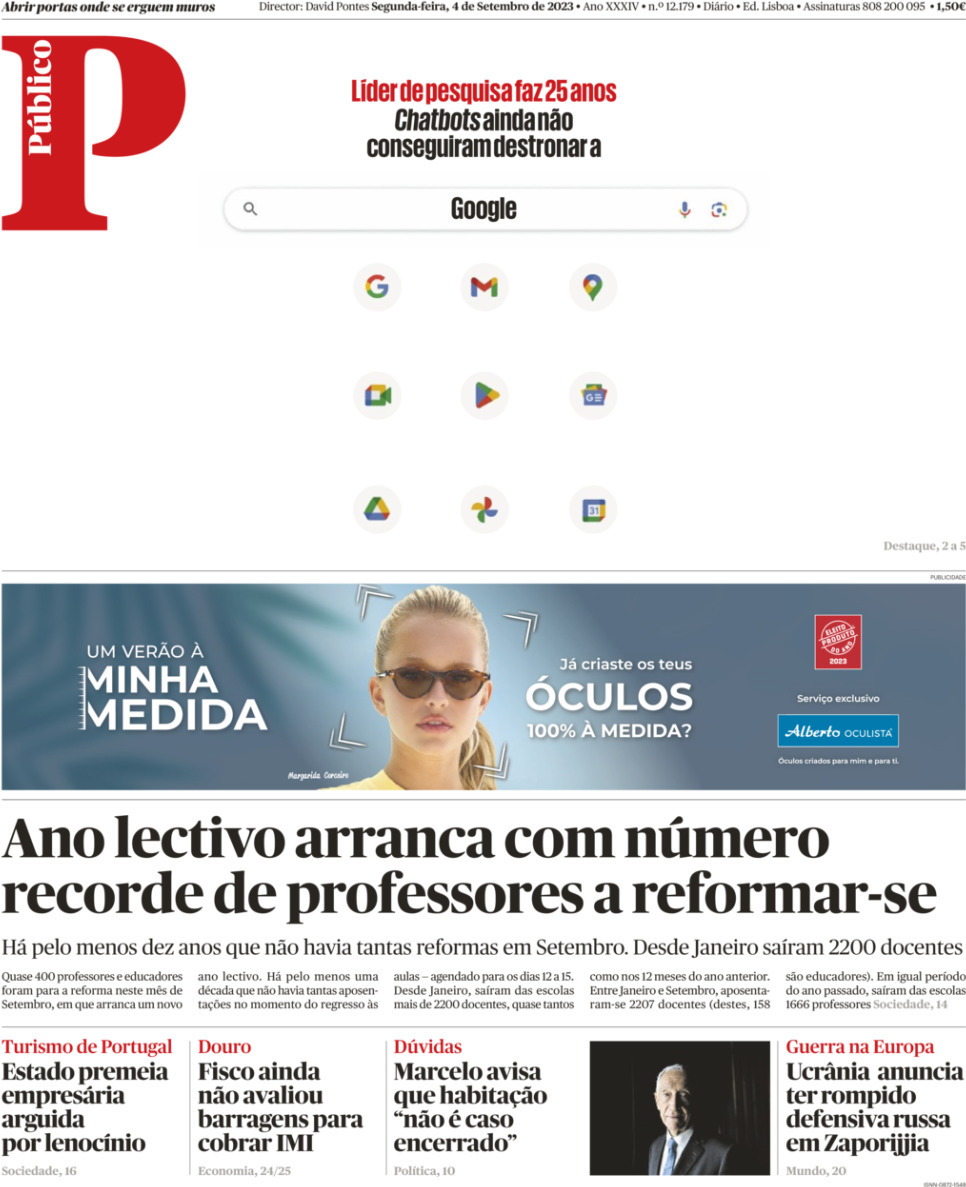 P&uacute;blico: Capa da Edi&ccedil;&atilde;o de segunda-feira, 04 de setembro 2023