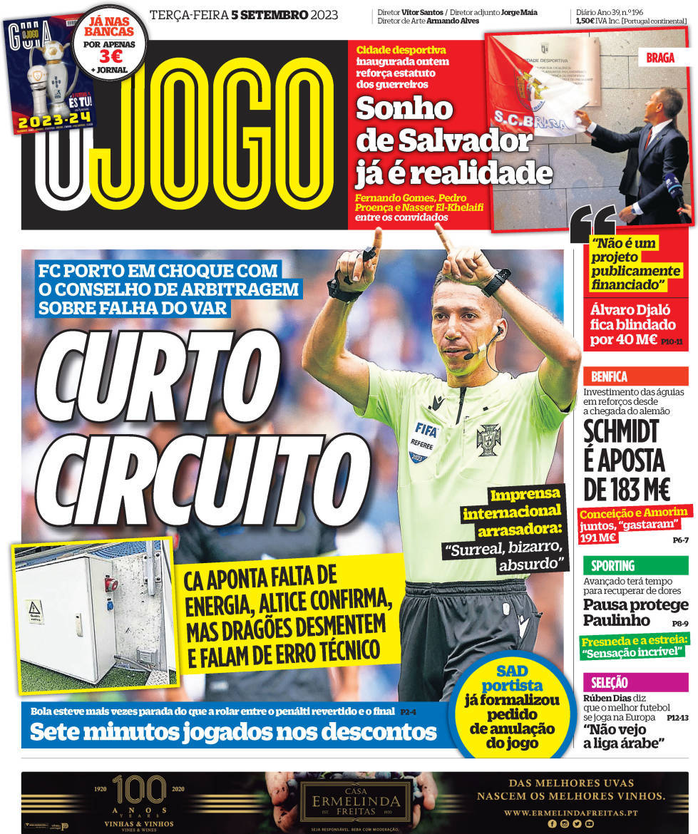 O Jogo: Capa da Edi&ccedil;&atilde;o de ter&ccedil;a-feira, 05 de setembro 2023