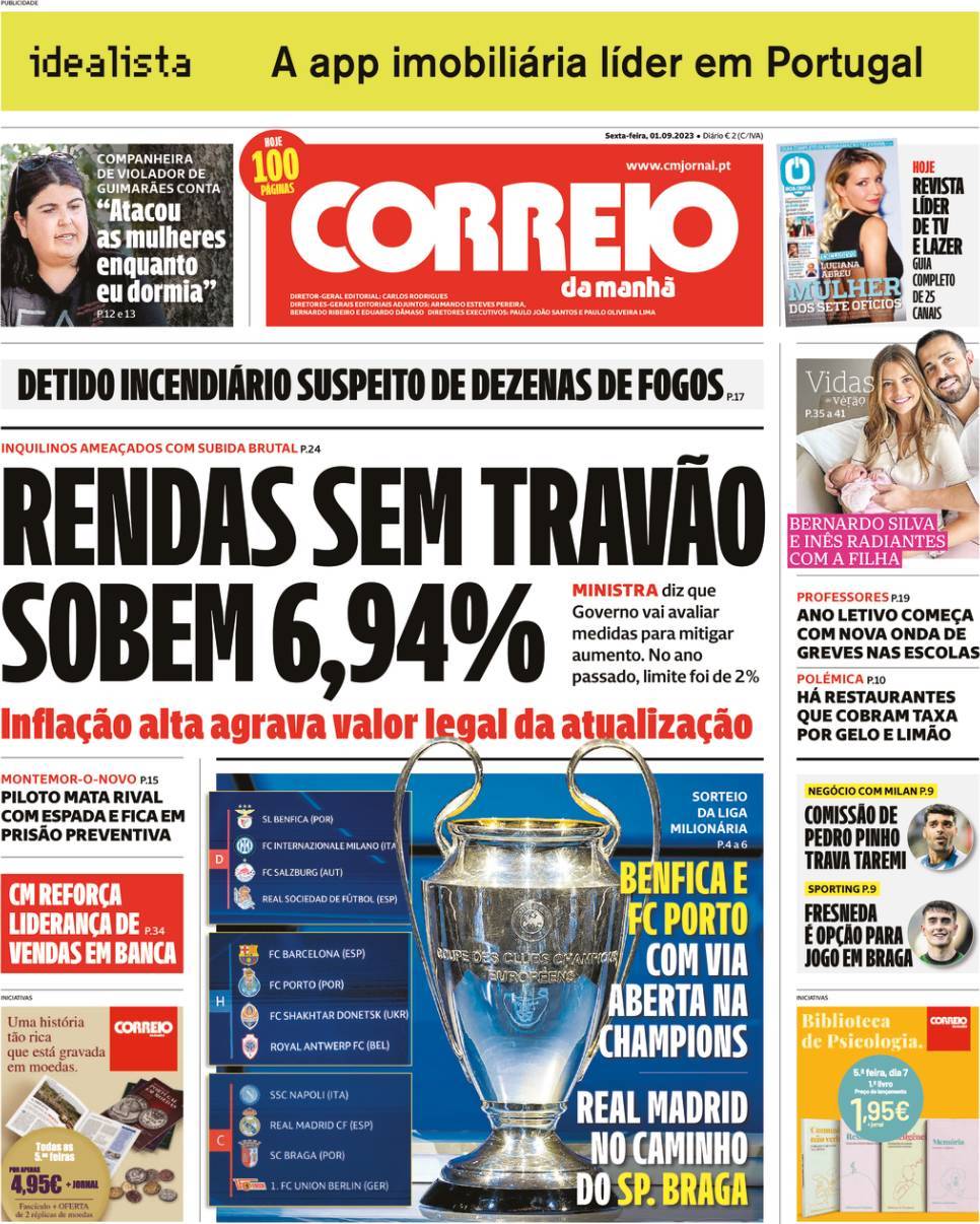 Correio da Manh&atilde;: Capa da Edi&ccedil;&atilde;o de sexta-feira, 01 de setembro 2023