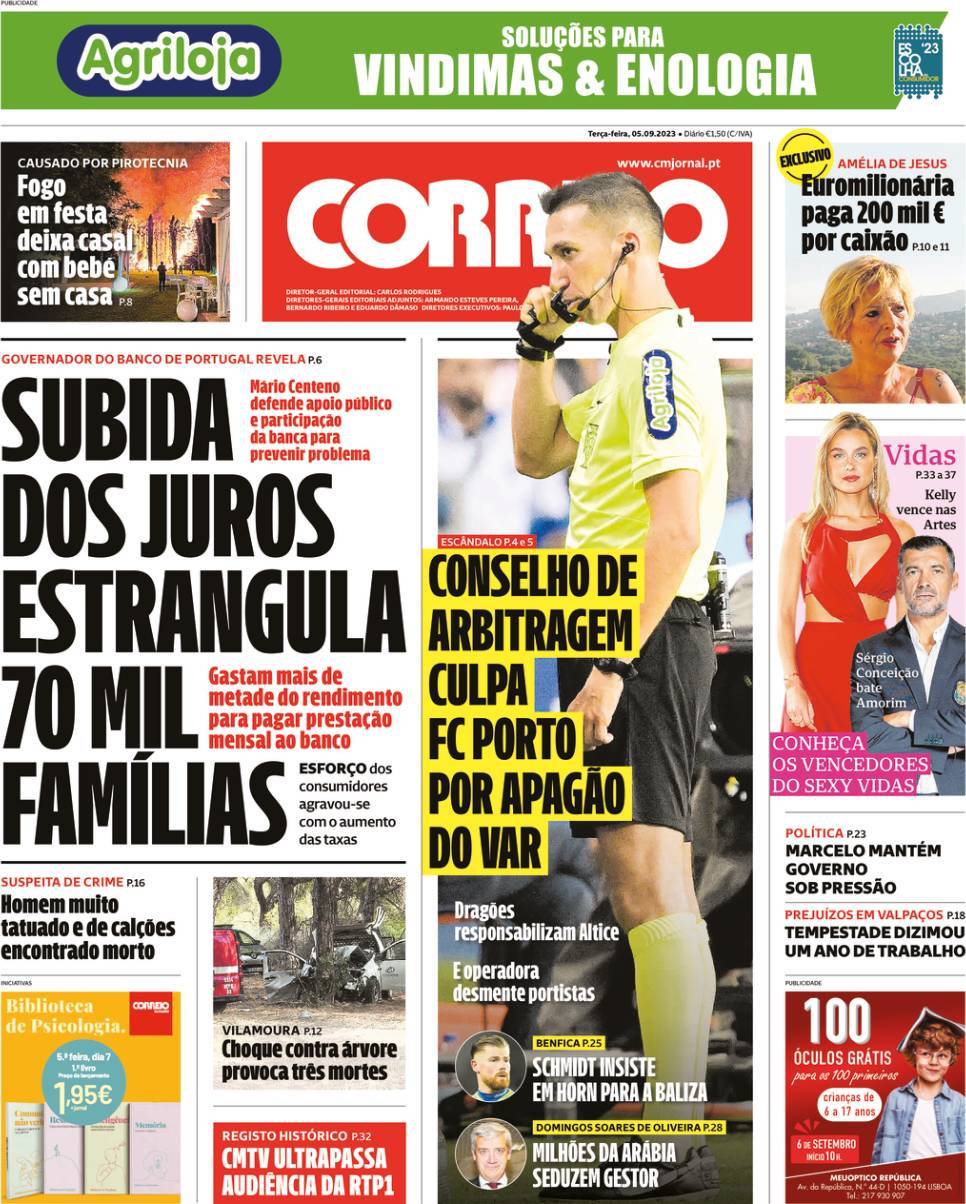 Correio da Manh&atilde;: Capa da Edi&ccedil;&atilde;o de ter&ccedil;a-feira, 05 de setembro 2023