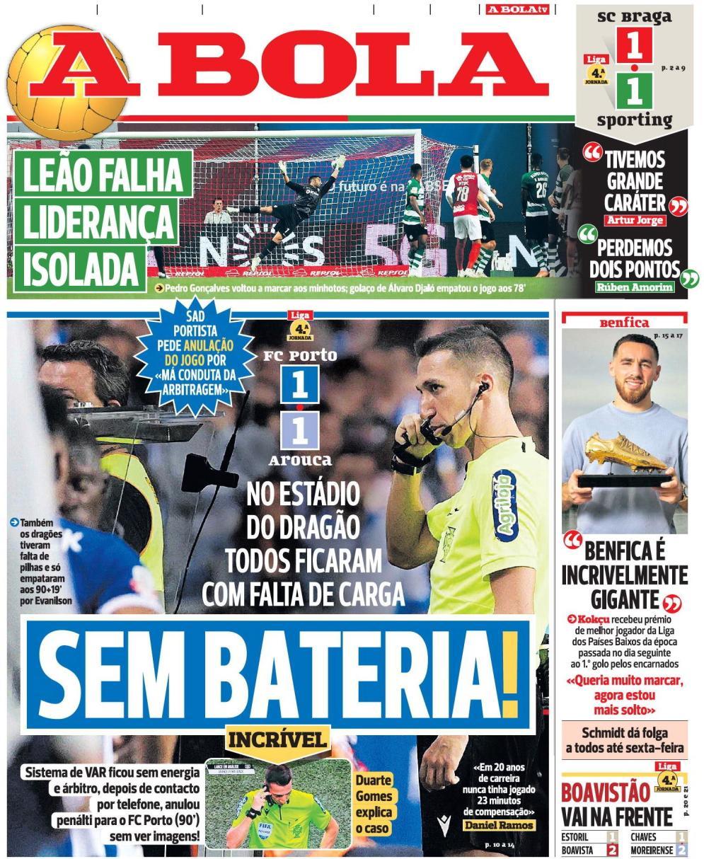 A Bola: Capa da Edi&ccedil;&atilde;o de segunda-feira, 04 de setembro 2023