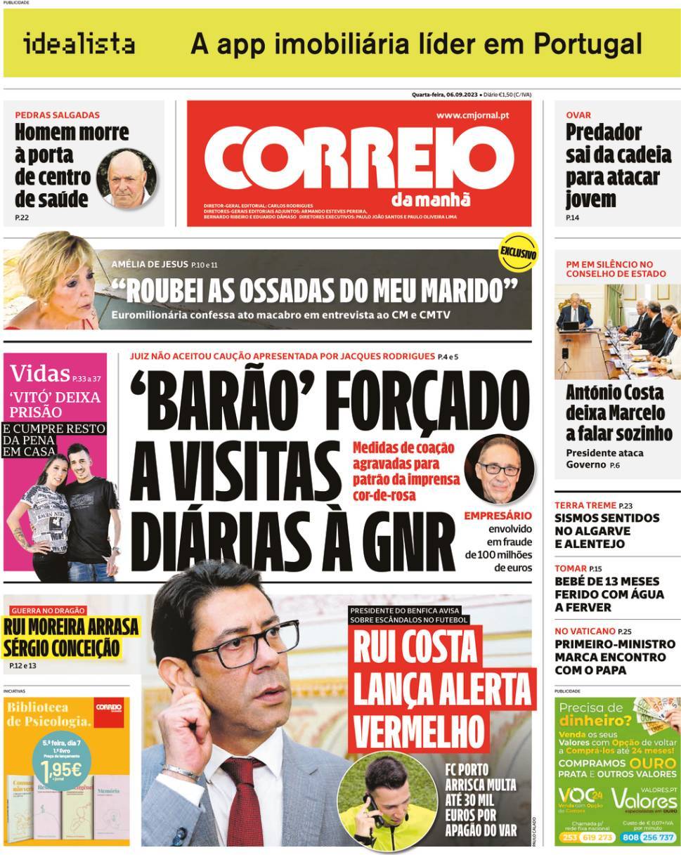 Correio da Manh&atilde;: Capa da Edi&ccedil;&atilde;o de quarta-feira, 06 de setembro 2023