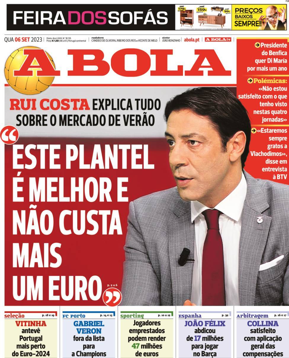 A Bola: Capa da Edi&ccedil;&atilde;o de quarta-feira, 06 de setembro 2023