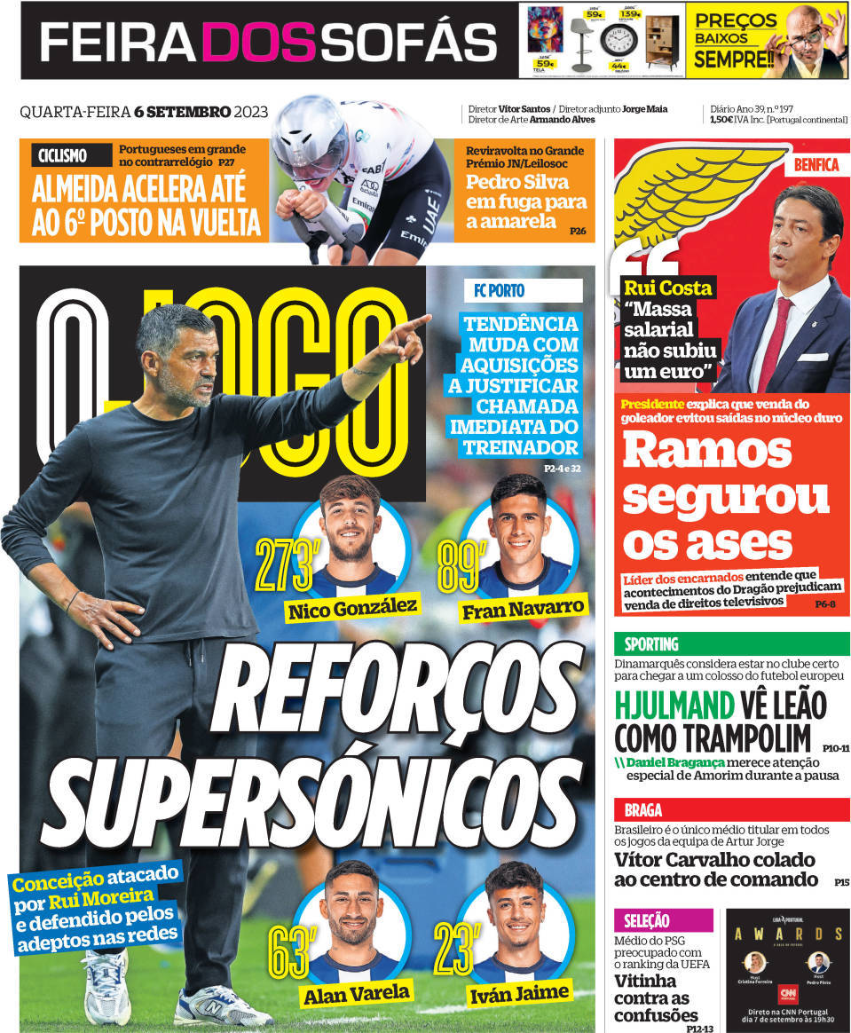 O Jogo: Capa da Edi&ccedil;&atilde;o de quarta-feira, 06 de setembro 2023