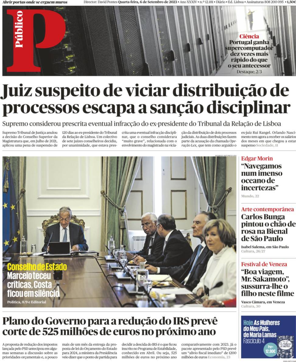 Jornal de Not&iacute;cias: Capa da Edi&ccedil;&atilde;o de quarta-feira, 06 de setembro 2023