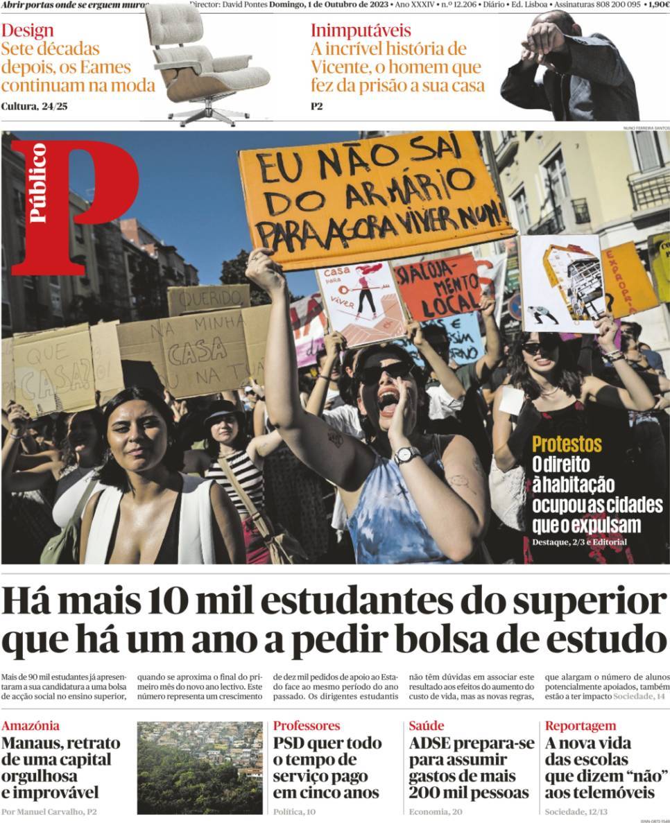 P&uacute;blico: Capa da Edi&ccedil;&atilde;o de domingo, 01 de outubro 2023