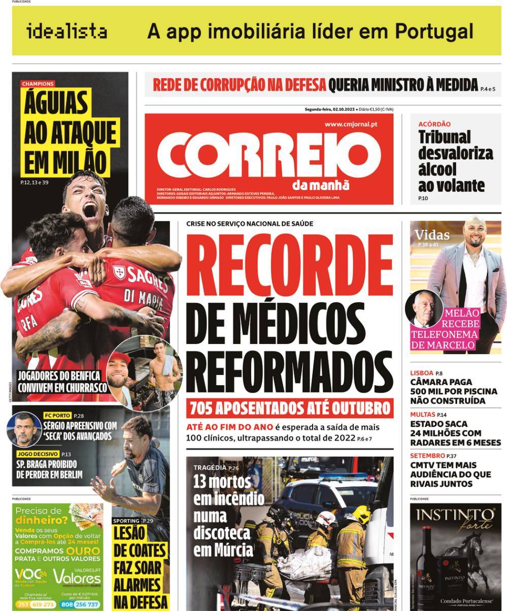 Correio da Manh&atilde;: Capa da Edi&ccedil;&atilde;o de segunda-feira, 02 de outubro 2023