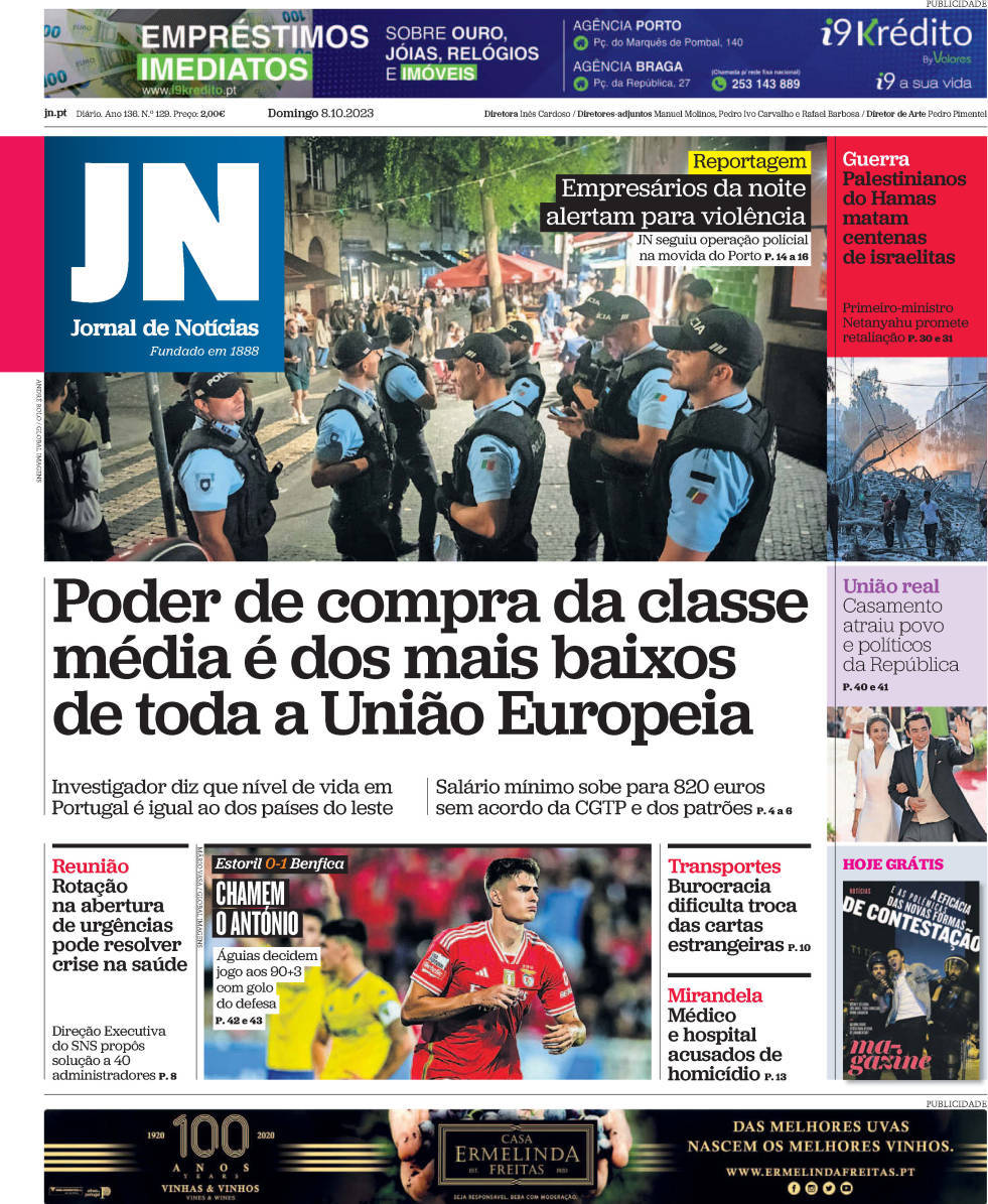 Jornal de Not&iacute;cias: Capa da Edi&ccedil;&atilde;o de domingo, 08 de outubro 2023