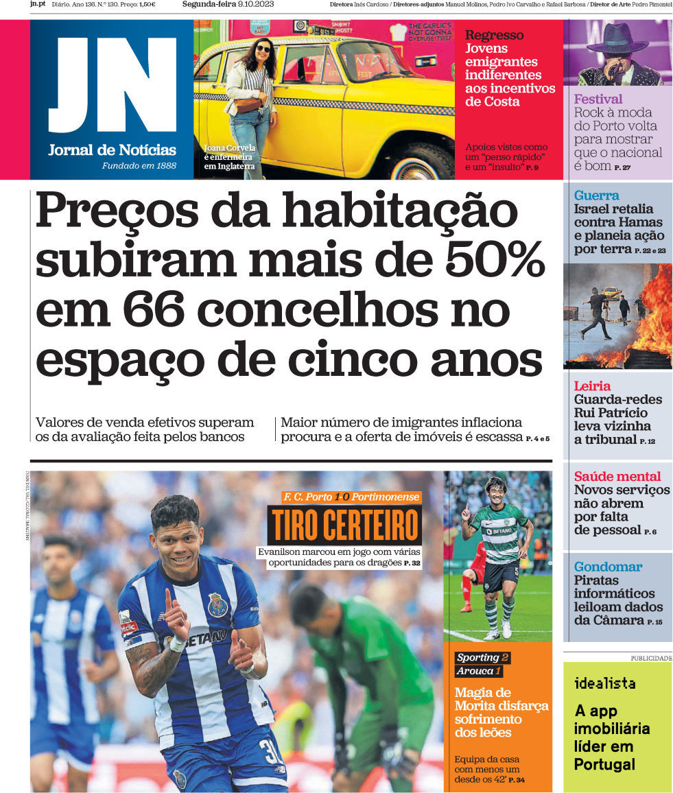 Jornal de Not&iacute;cias: Capa da Edi&ccedil;&atilde;o de segunda-feira, 09 de outubro 2023