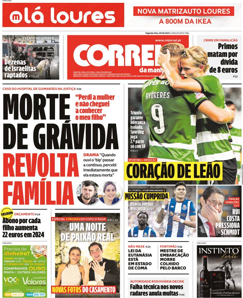 Correio da Manh&atilde;: Capa da Edi&ccedil;&atilde;o de segunda-feira, 09 de outubro 2023