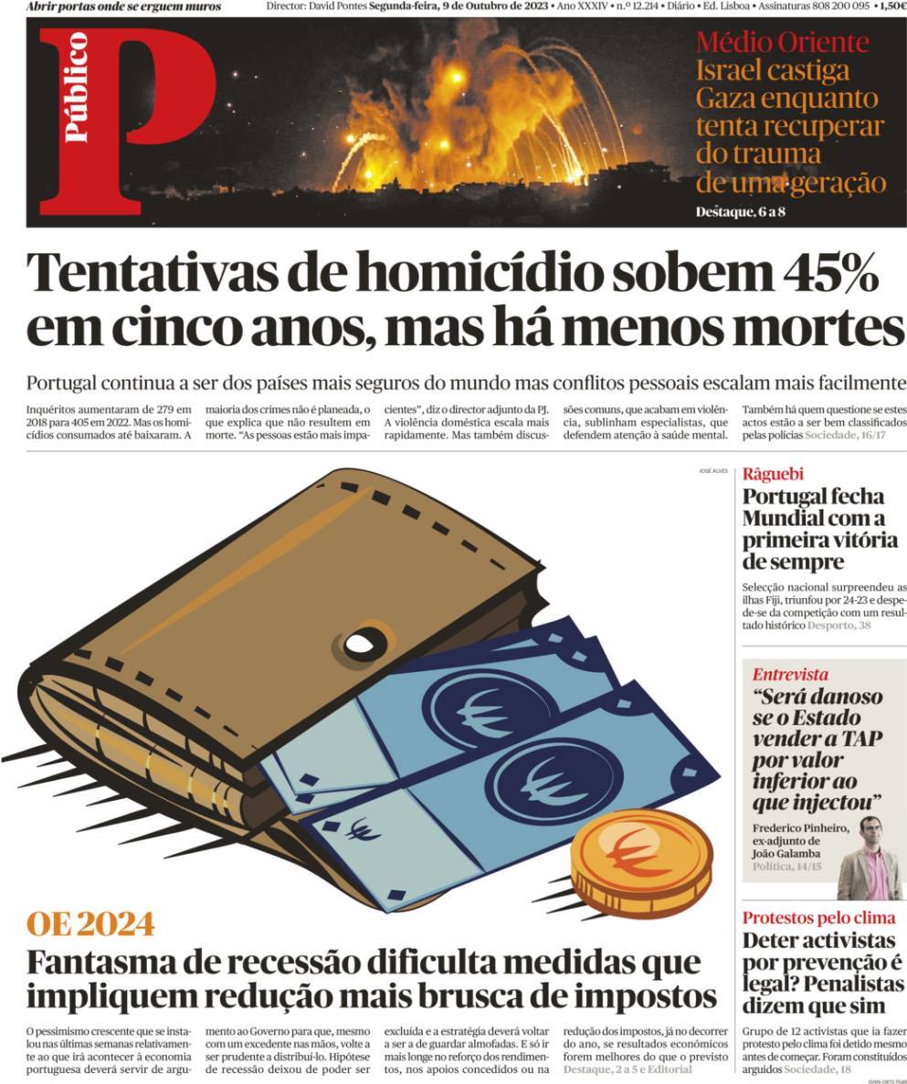 P&uacute;blico: Capa da Edi&ccedil;&atilde;o de segunda-feira, 09 de outubro 2023