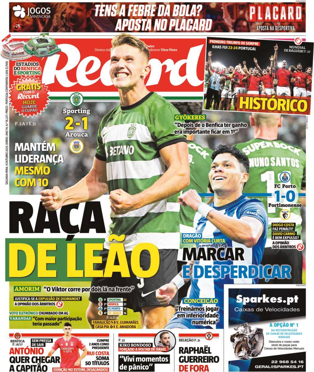 Record: Capa da Edi&ccedil;&atilde;o de segunda-feira, 09 de outubro 2023