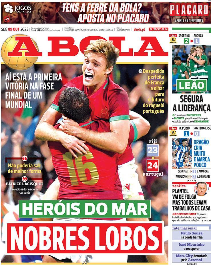 O Jogo: Capa da Edi&ccedil;&atilde;o de segunda-feira, 09 de outubro 2023