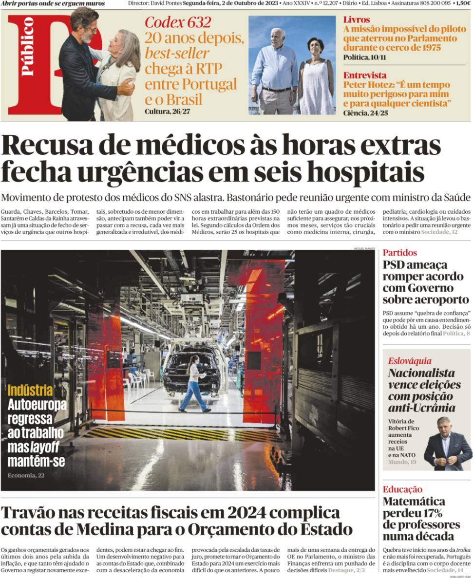 P&uacute;blico: Capa da Edi&ccedil;&atilde;o de segunda-feira, 02 de outubro 2023