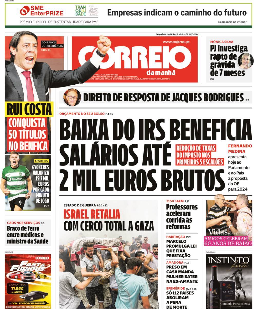 Correio da Manh&atilde;: Capa da Edi&ccedil;&atilde;o de ter&ccedil;a-feira, 10 de outubro 2023