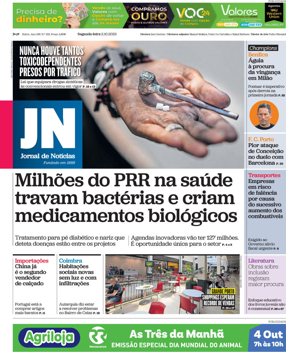 Jornal de Not&iacute;cias: Capa da Edi&ccedil;&atilde;o de segunda-feira, 02 de outubro 2023