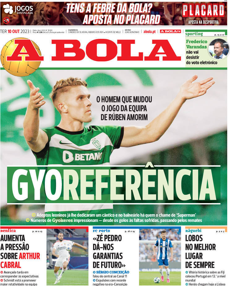 A Bola: Capa da Edi&ccedil;&atilde;o de ter&ccedil;a-feira, 10 de outubro 2023