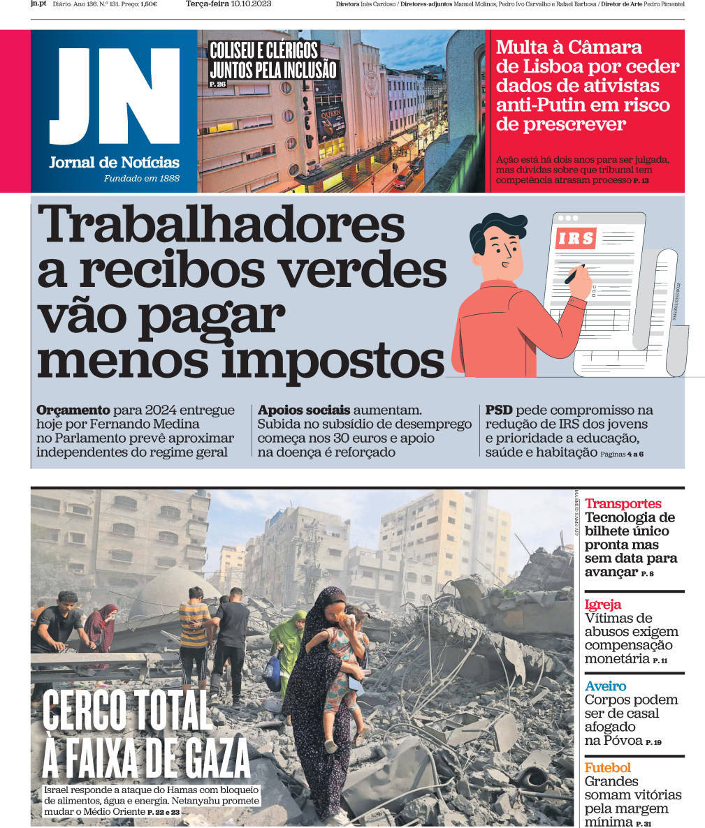 Jornal de Not&iacute;cias: Capa da Edi&ccedil;&atilde;o de ter&ccedil;a-feira, 10 de outubro 2023