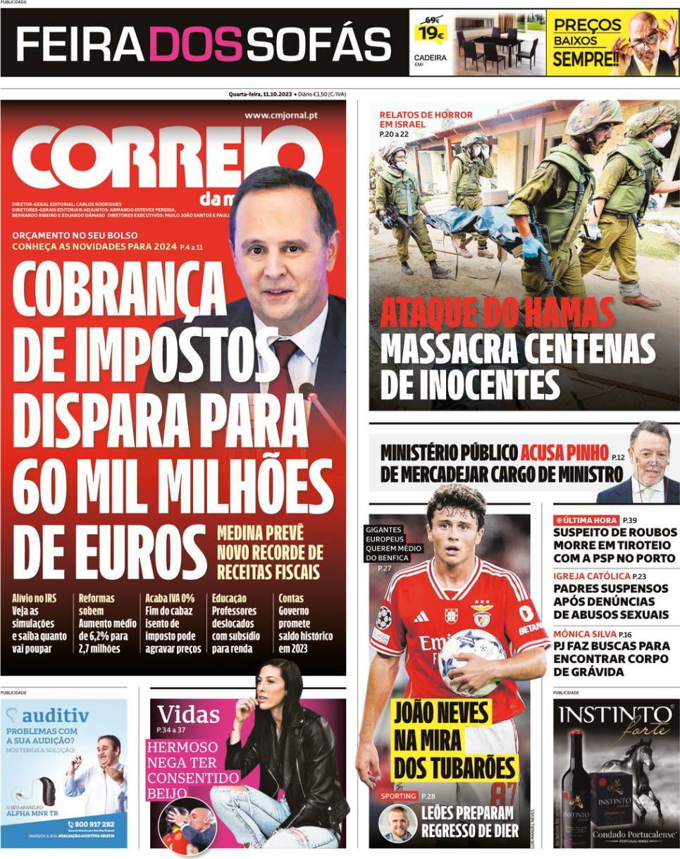 Correio da Manh&atilde;: Capa da Edi&ccedil;&atilde;o de quarta-feira, 11 de outubro 2023