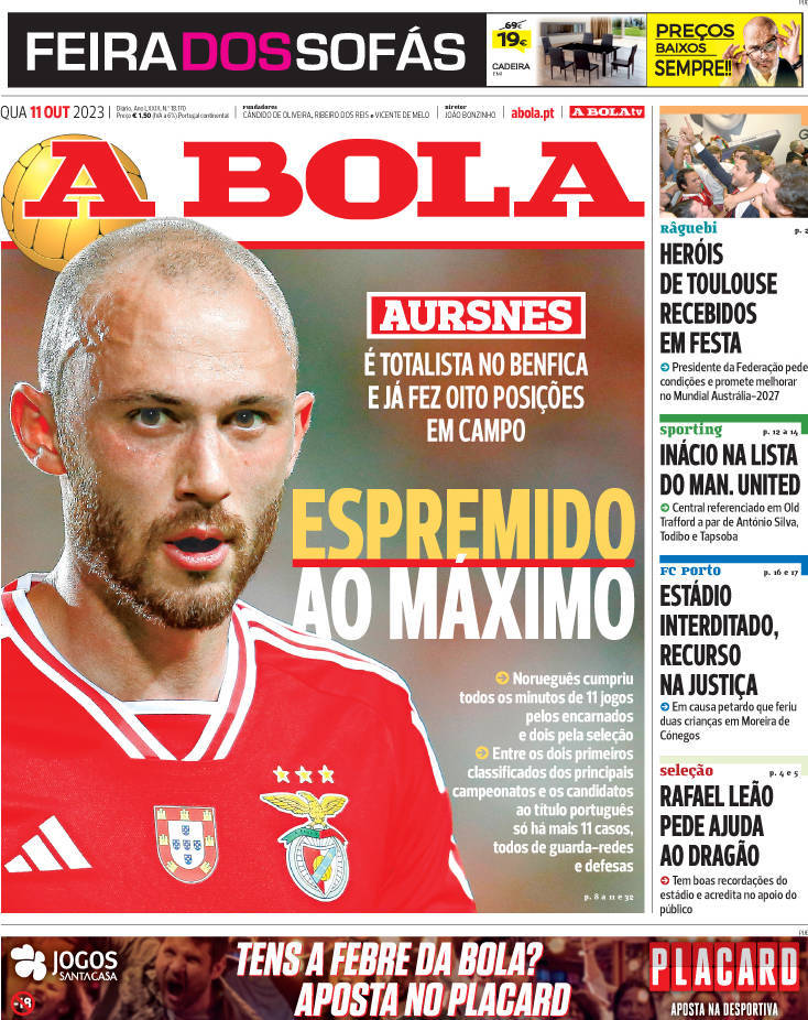 A Bola: Capa da Edi&ccedil;&atilde;o de quarta-feira, 11 de outubro 2023