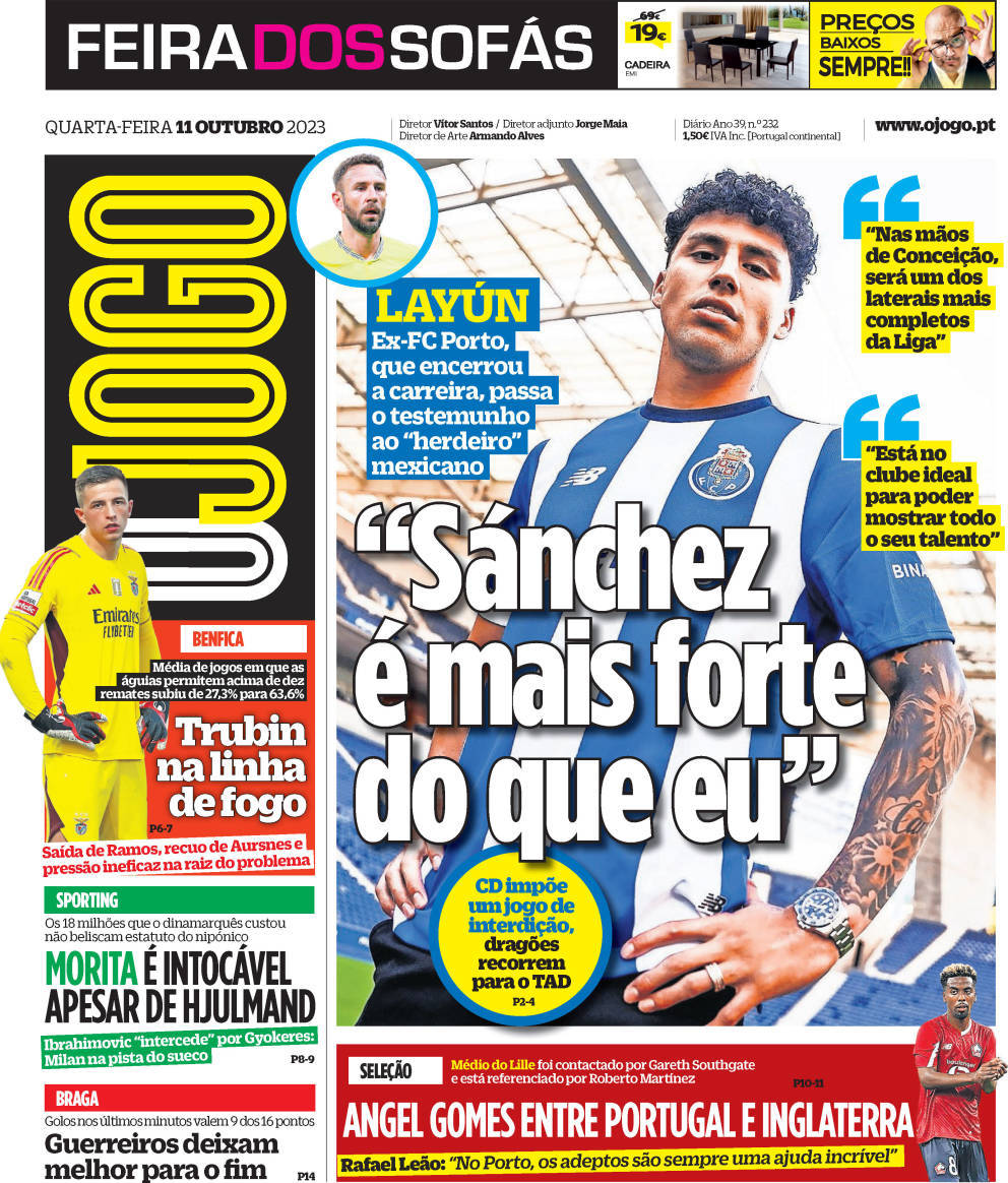 O Jogo: Capa da Edi&ccedil;&atilde;o de quarta-feira, 11 de outubro 2023