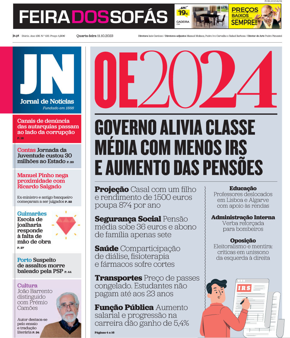 Jornal de Not&iacute;cias: Capa da Edi&ccedil;&atilde;o de quarta-feira, 11 de outubro 2023