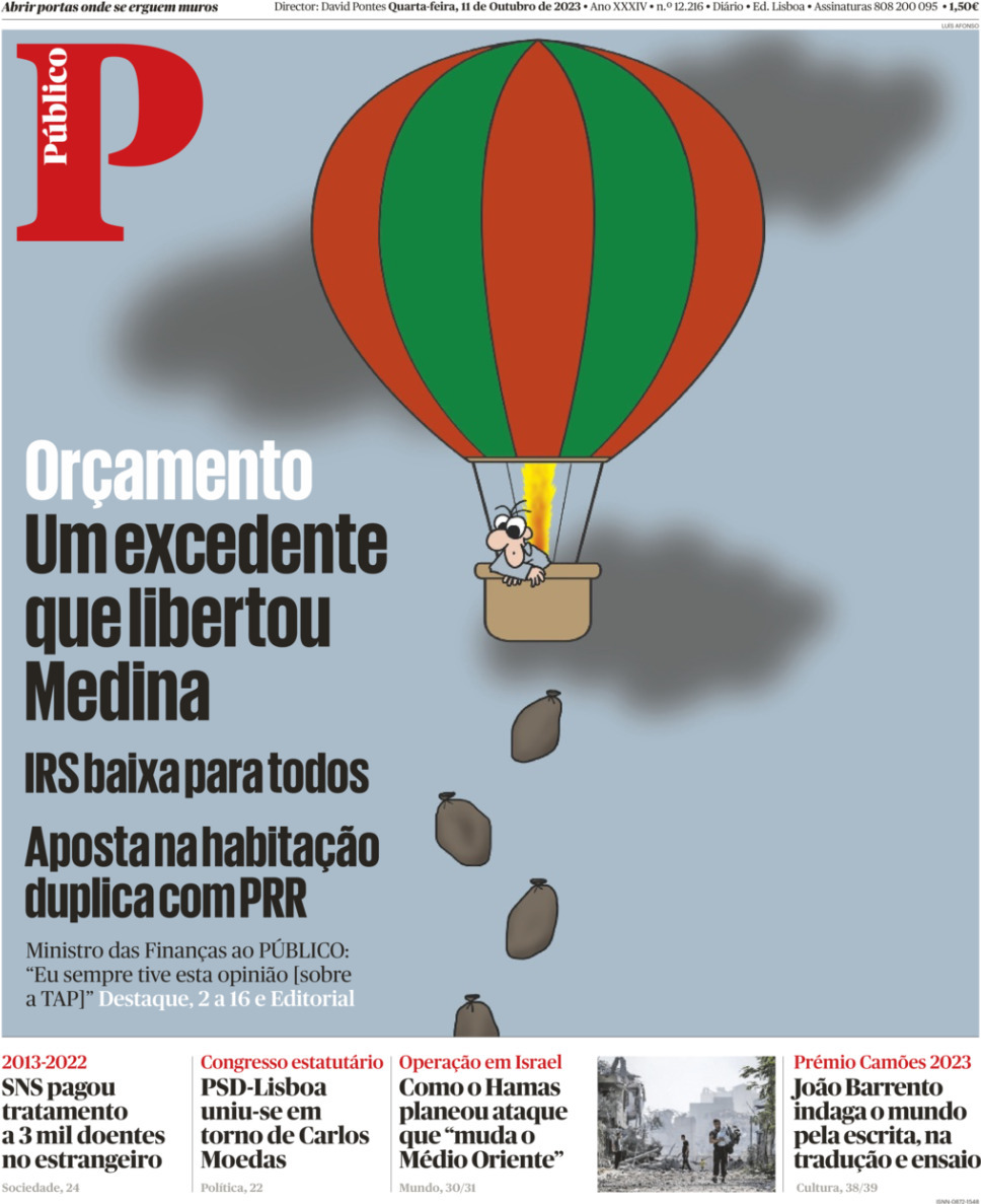 P&uacute;blico: Capa da Edi&ccedil;&atilde;o de quarta-feira, 11 de outubro 2023