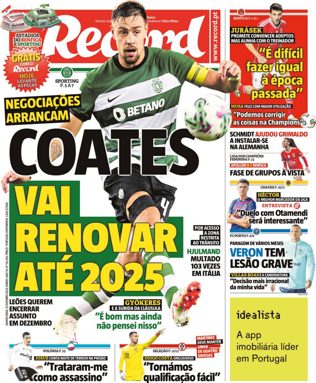 Record: Capa da Edi&ccedil;&atilde;o de quinta-feira, 12 de outubro 2023