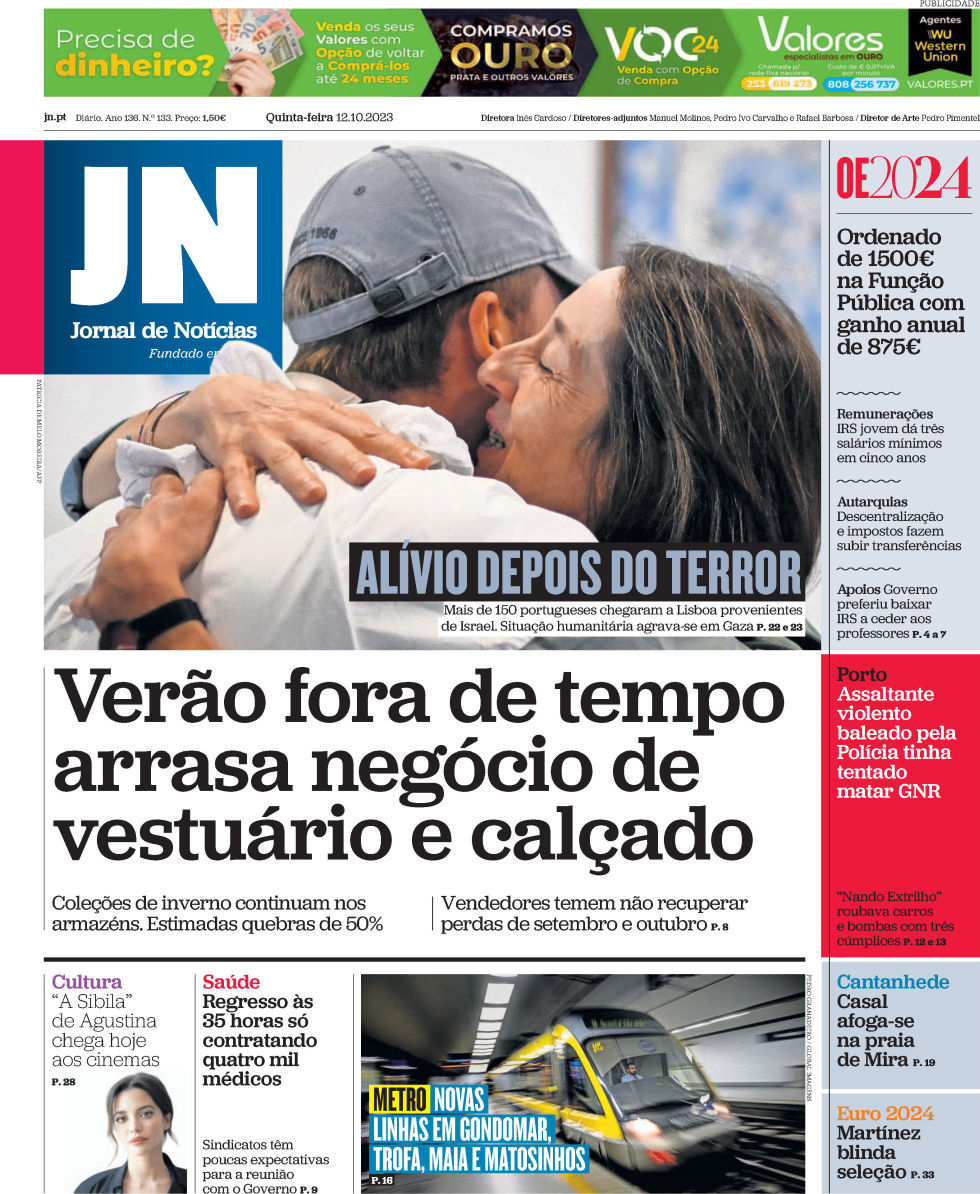 Jornal de Not&iacute;cias: Capa da Edi&ccedil;&atilde;o de quinta-feira, 12 de outubro 2023