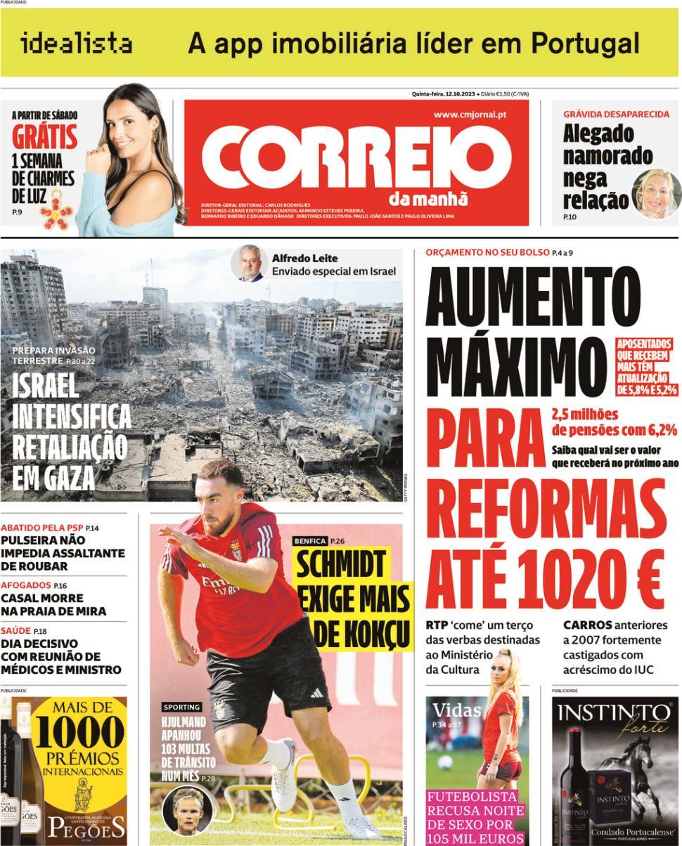 Correio da Manh&atilde;: Capa da Edi&ccedil;&atilde;o de quinta-feira, 12 de outubro 2023
