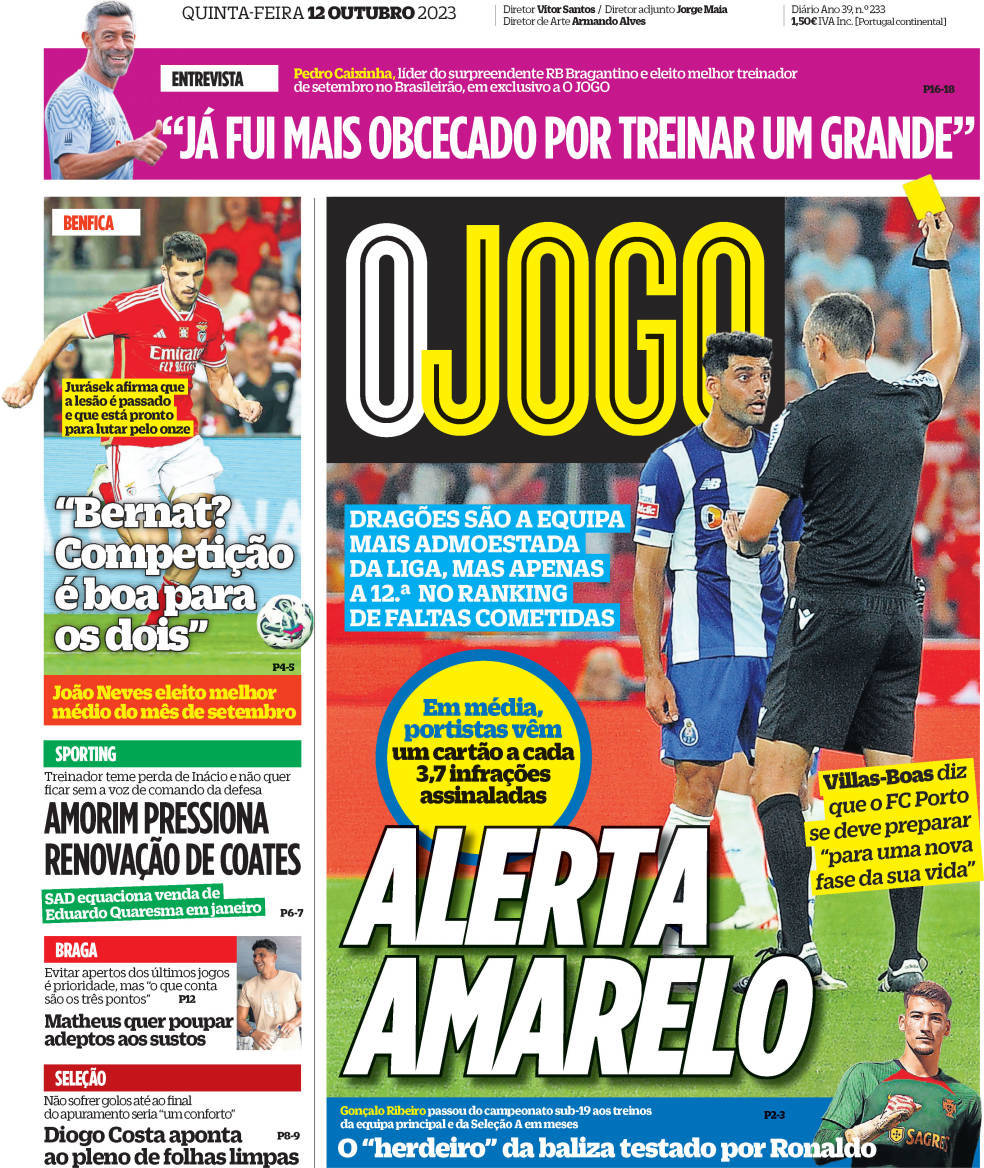 O Jogo: Capa da Edi&ccedil;&atilde;o de quinta-feira, 12 de outubro 2023