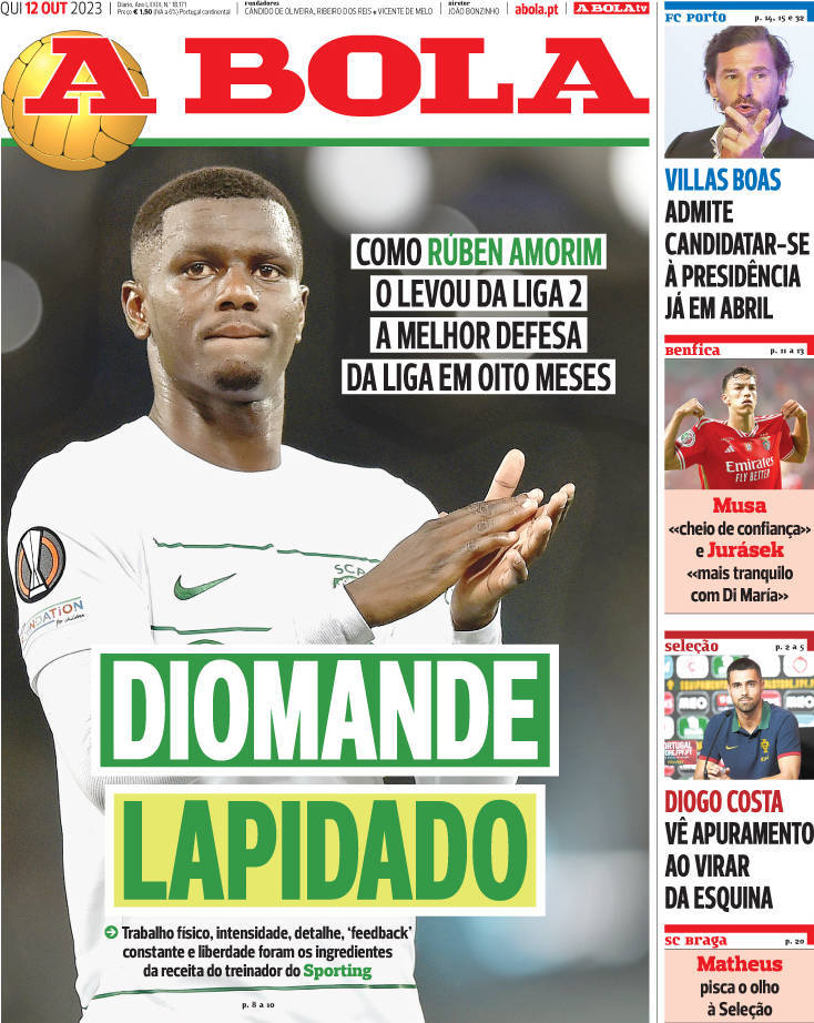 A Bola: Capa da Edi&ccedil;&atilde;o de quinta-feira, 12 de outubro 2023