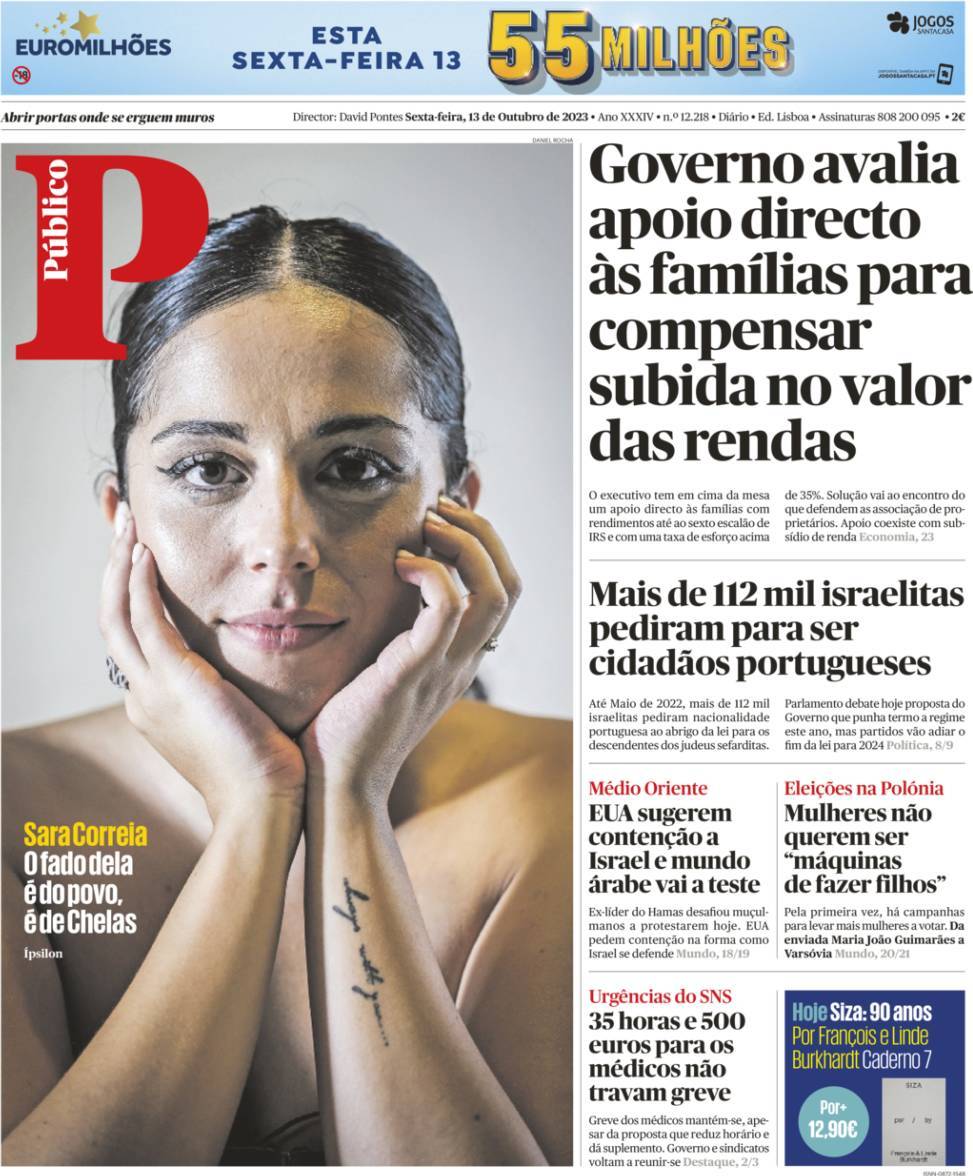 P&uacute;blico: Capa da Edi&ccedil;&atilde;o de sexta-feira, 13 de outubro 2023