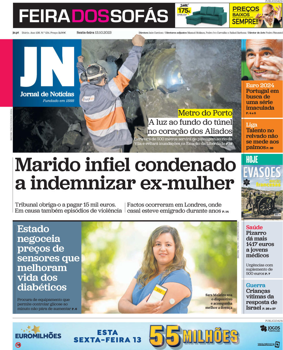 Jornal de Not&iacute;cias: Capa da Edi&ccedil;&atilde;o de sexta-feira, 13 de outubro 2023