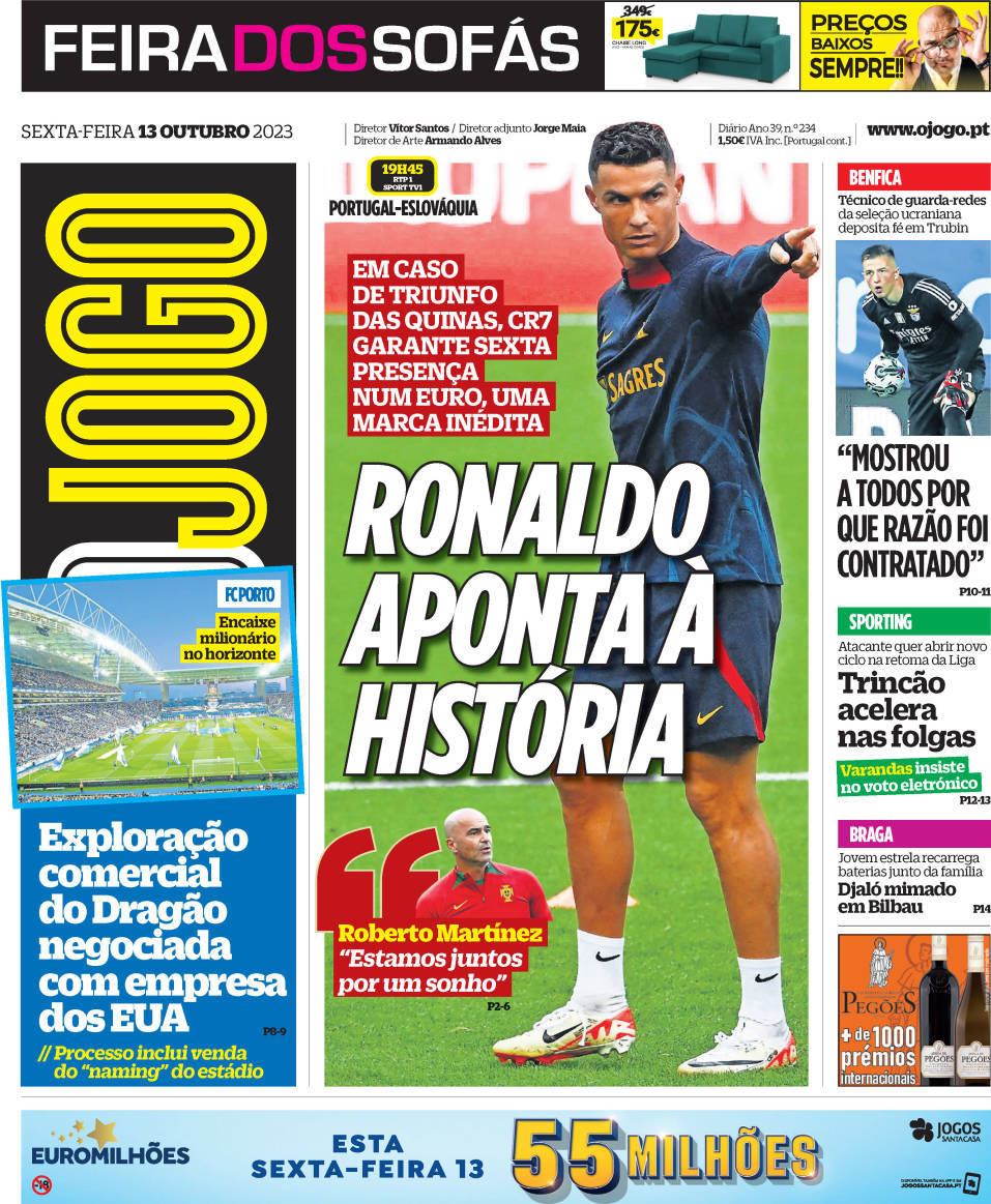 O Jogo: Capa da Edi&ccedil;&atilde;o de sexta-feira, 13 de outubro 2023
